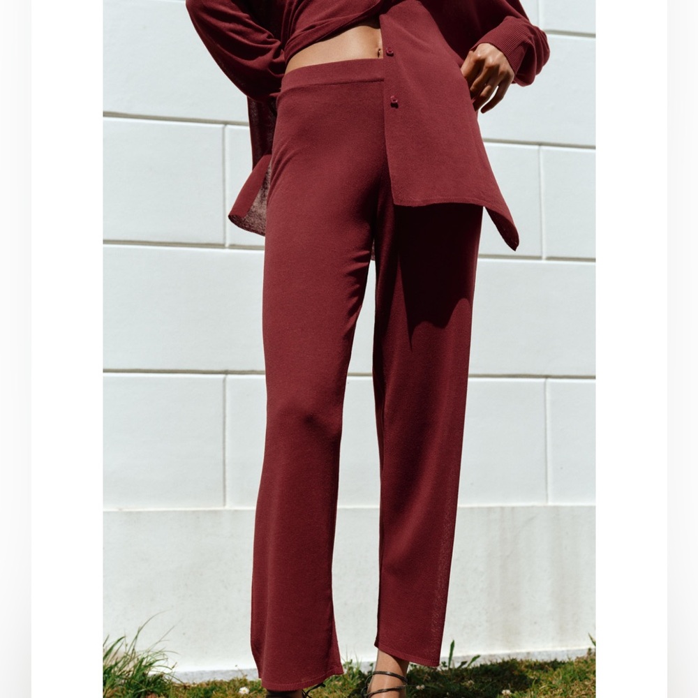 🍒 ZARA Plain Knit Flowy Culottes in Burgundy NWT